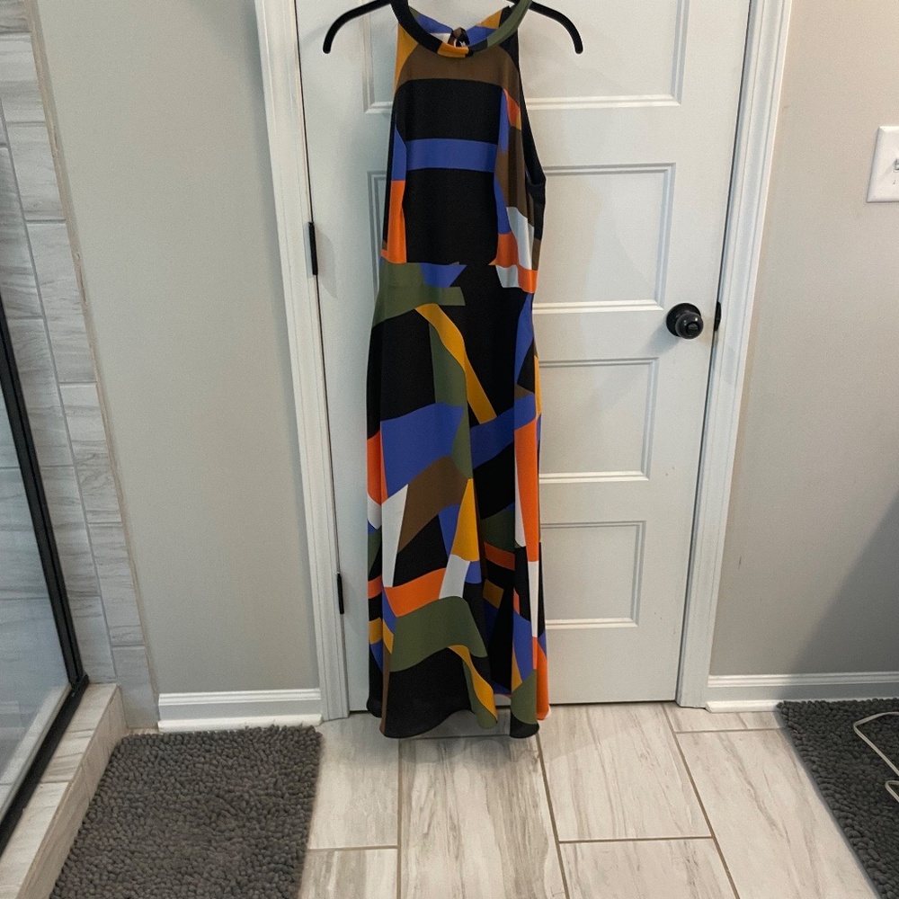 Tahari Colorblock Geo Print Halter dress